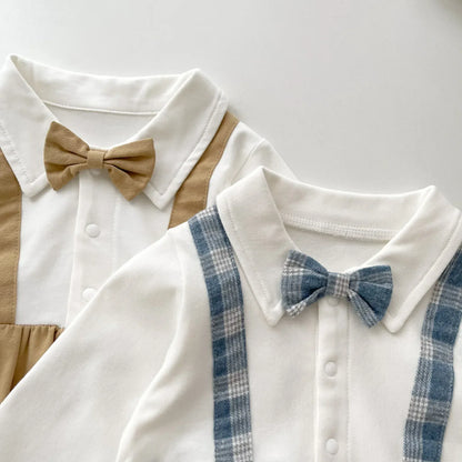 長袖ロンパース ベビーロンパース 蝶ネクタイサスペンダードッキング長袖ボディスーツ 2カラー【mh0007300】