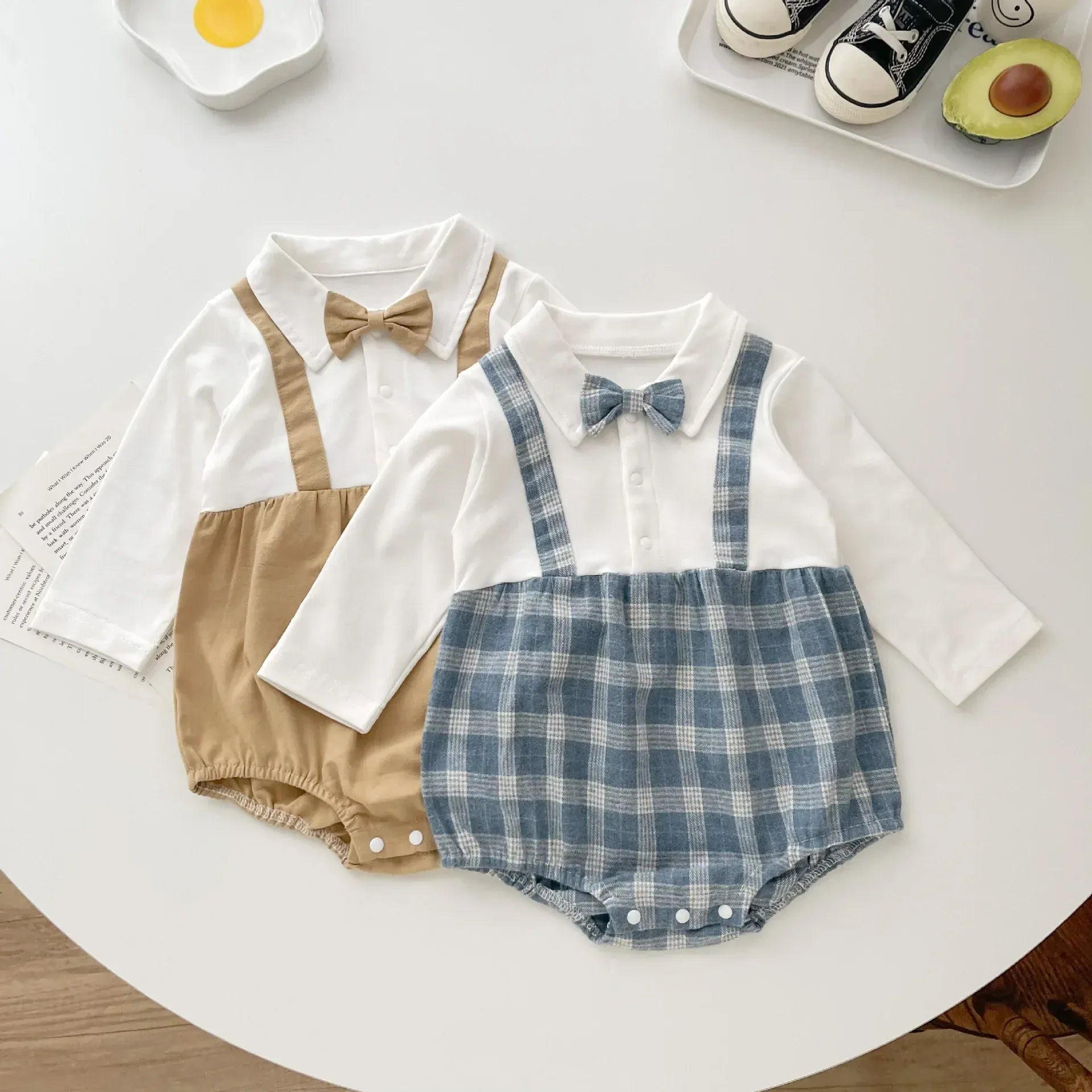 長袖ロンパース ベビーロンパース 蝶ネクタイサスペンダードッキング長袖ボディスーツ 2カラー【mh0007300】