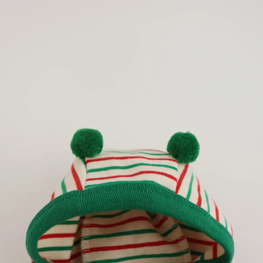 長袖ロンパース ベビーロンパース ボーダー長袖ジャンプスーツ+お揃い耳つきボンネット帽子 クリスマス 2カラー【mh0007684】