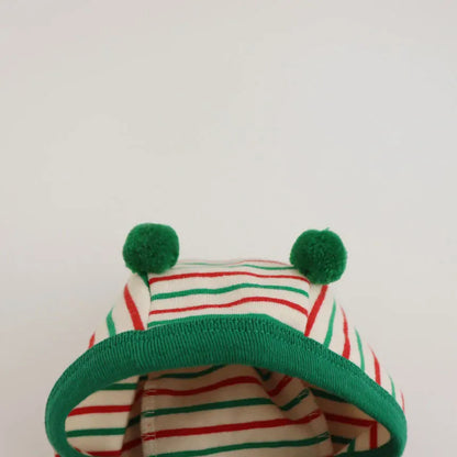 長袖ロンパース ベビーロンパース ボーダー長袖ジャンプスーツ+お揃い耳つきボンネット帽子 クリスマス 2カラー【mh0007684】