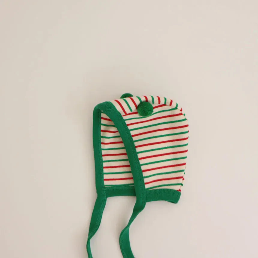 長袖ロンパース ベビーロンパース ボーダー長袖ジャンプスーツ+お揃い耳つきボンネット帽子 クリスマス 2カラー【mh0007684】