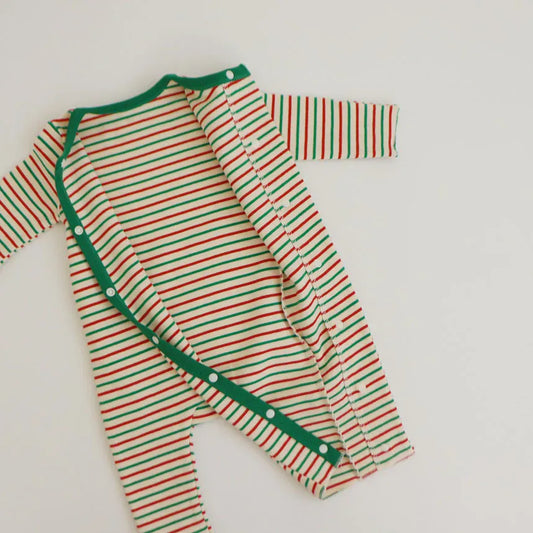 長袖ロンパース ベビーロンパース ボーダー長袖ジャンプスーツ+お揃い耳つきボンネット帽子 クリスマス 2カラー【mh0007684】