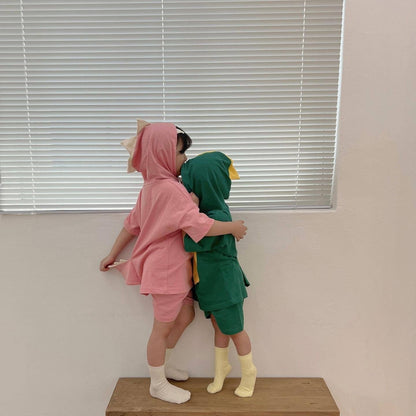 半袖セットアップ ベビーキッズセットアップ 2点セット 恐竜ダイナソーコスチュームフーディ半袖トップス+ショートパンツ【mh0009089】