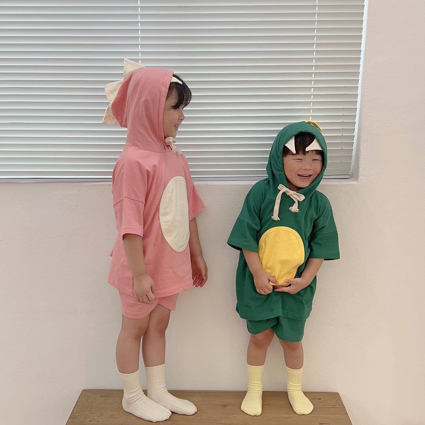 半袖セットアップ ベビーキッズセットアップ 2点セット 恐竜ダイナソーコスチュームフーディ半袖トップス+ショートパンツ【mh0009089】