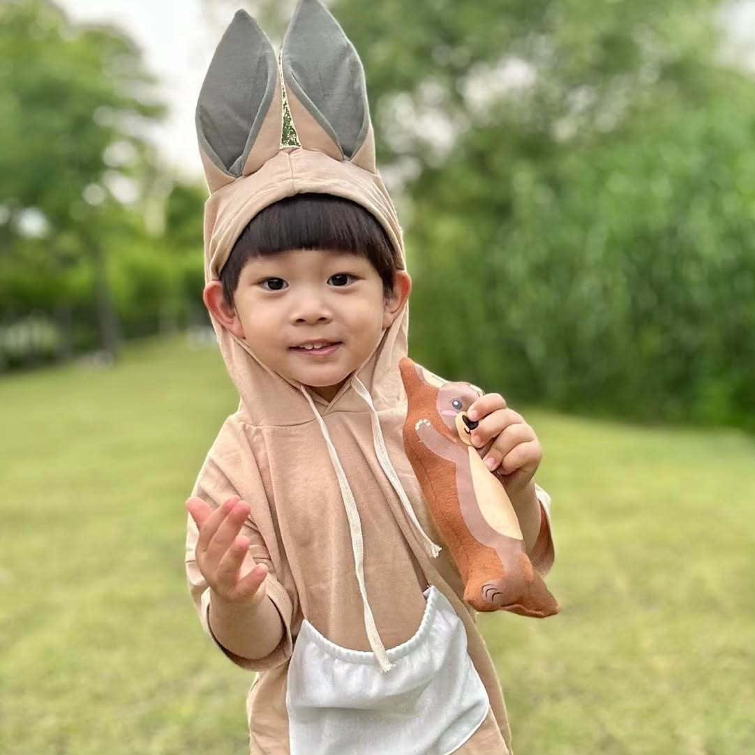 半袖セットアップ ベビーキッズセットアップ 2点セット カンガルーコスチューム耳付きフーディポケット半袖トップス+ショートパンツ【mh0009090】