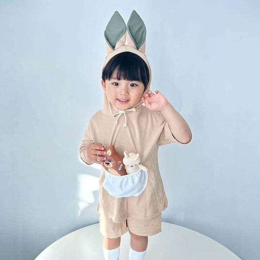 半袖セットアップ ベビーキッズセットアップ 2点セット カンガルーコスチューム耳付きフーディポケット半袖トップス+ショートパンツ【mh0009090】