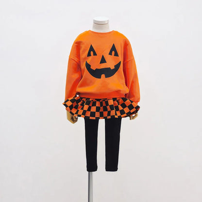 長袖セットアップ ハロウィンかぼちゃチェッカーボーイズ/ガールズセットアップ 2点セット【mh0011182】