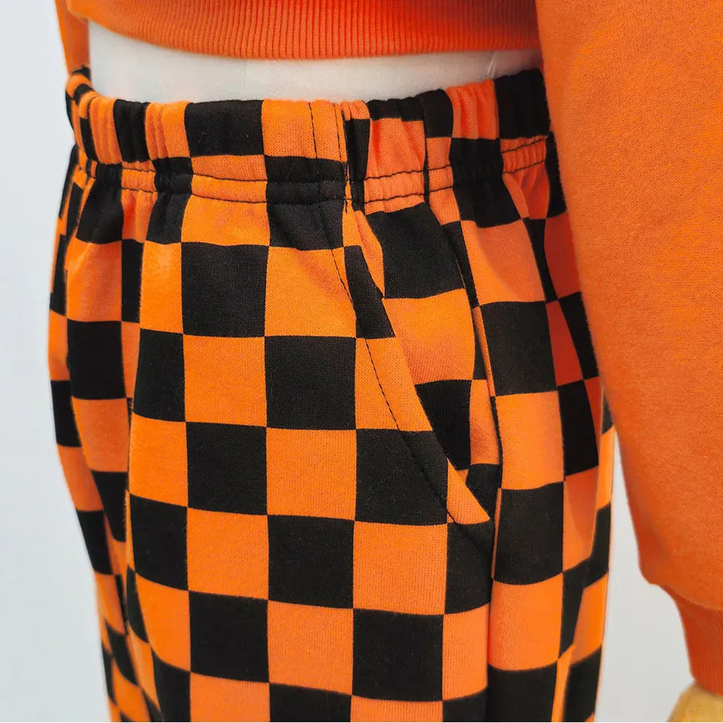 長袖セットアップ ハロウィンかぼちゃチェッカーボーイズ/ガールズセットアップ 2点セット【mh0011182】