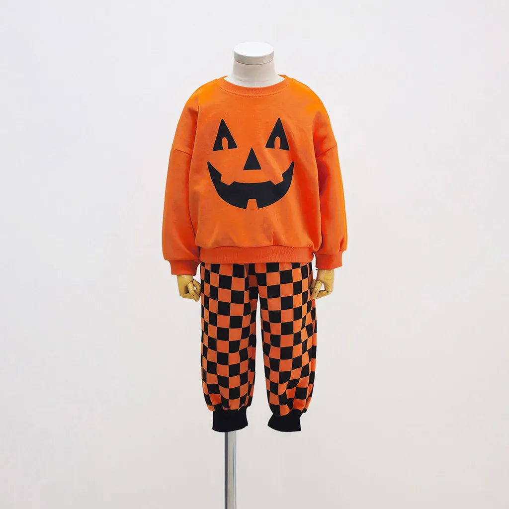 長袖セットアップ ハロウィンかぼちゃチェッカーボーイズ/ガールズセットアップ 2点セット【mh0011182】
