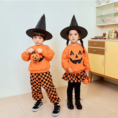 長袖セットアップ ハロウィンかぼちゃチェッカーボーイズ/ガールズセットアップ 2点セット【mh0011182】