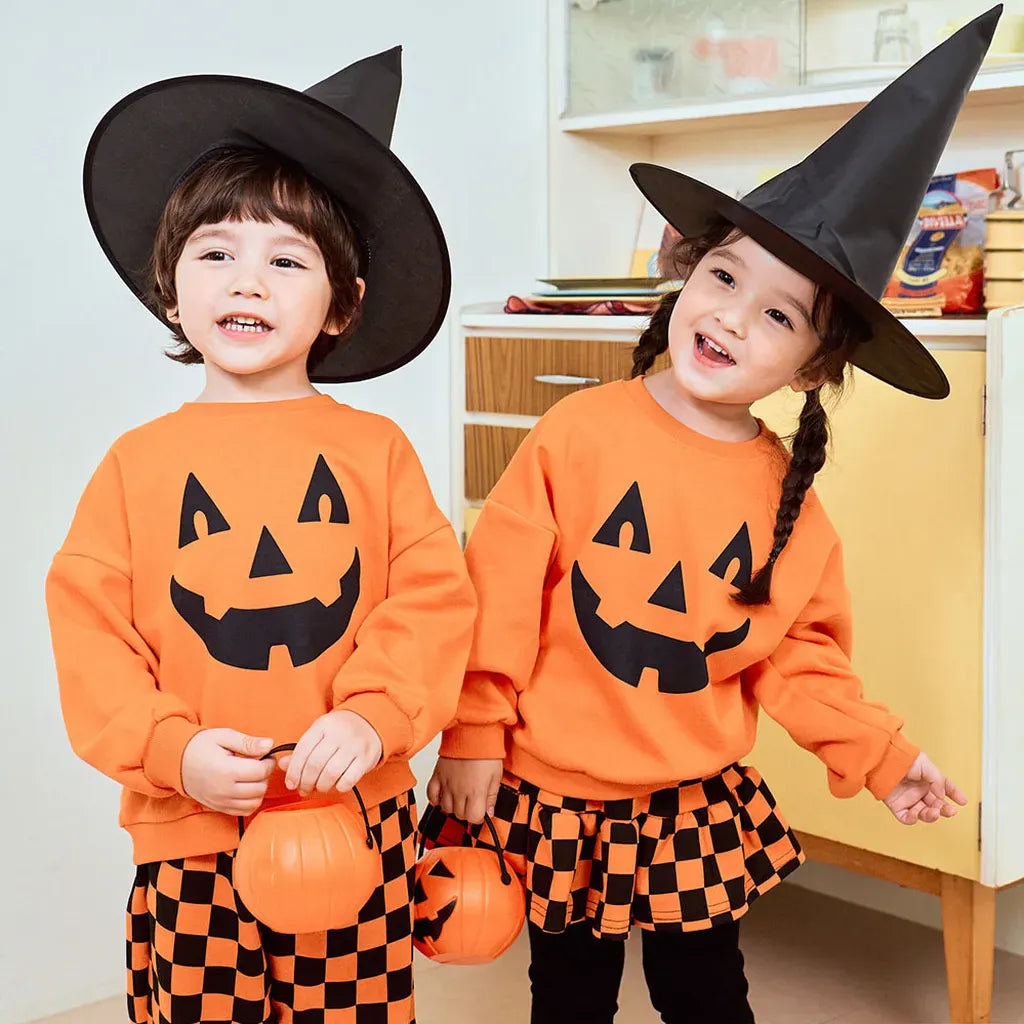 長袖セットアップ ハロウィンかぼちゃチェッカーボーイズ/ガールズセットアップ 2点セット【mh0011182】