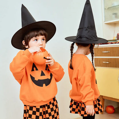 長袖セットアップ ハロウィンかぼちゃチェッカーボーイズ/ガールズセットアップ 2点セット【mh0011182】