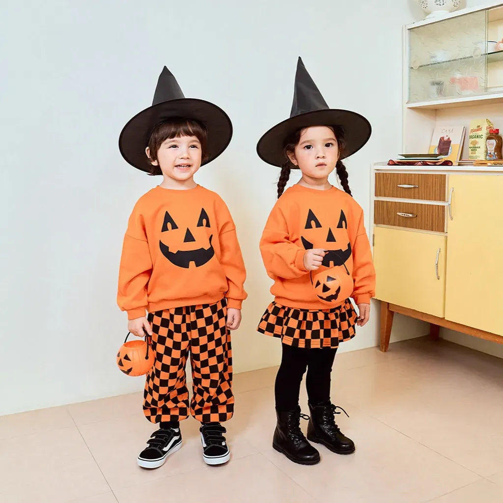 長袖セットアップ ハロウィンかぼちゃチェッカーボーイズ/ガールズセットアップ 2点セット【mh0011182】