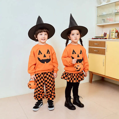 長袖セットアップ ハロウィンかぼちゃチェッカーボーイズ/ガールズセットアップ 2点セット【mh0011182】