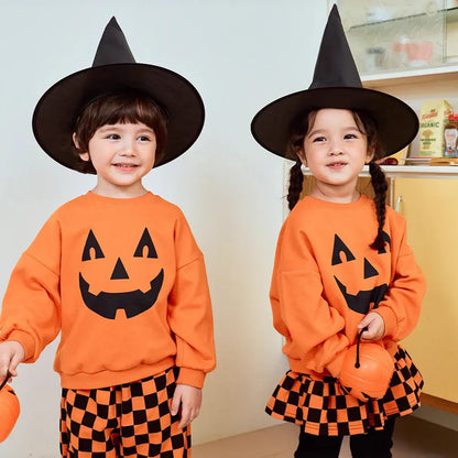 長袖セットアップ ハロウィンかぼちゃチェッカーボーイズ/ガールズセットアップ 2点セット【mh0011182】
