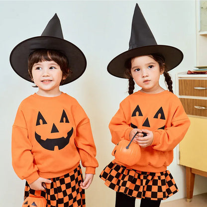 長袖セットアップ ハロウィンかぼちゃチェッカーボーイズ/ガールズセットアップ 2点セット【mh0011182】
