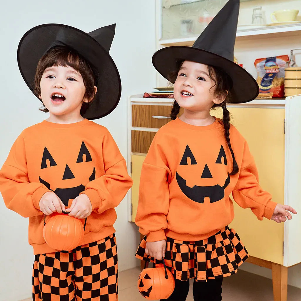 長袖セットアップ ハロウィンかぼちゃチェッカーボーイズ/ガールズセットアップ 2点セット【mh0011182】