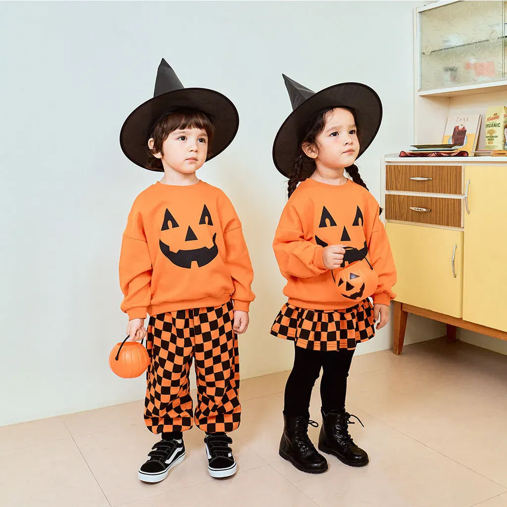 長袖セットアップ ハロウィンかぼちゃチェッカーボーイズ/ガールズセットアップ 2点セット【mh0011182】