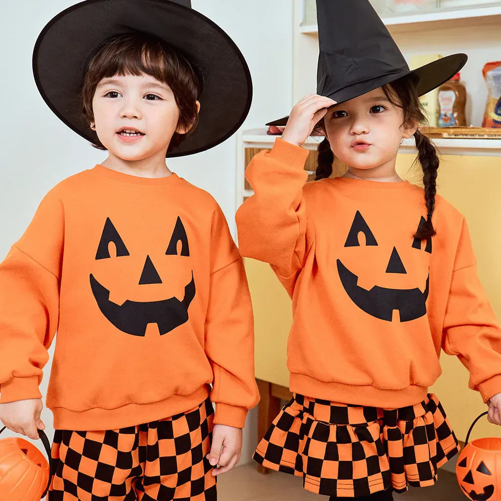 長袖セットアップ ハロウィンかぼちゃチェッカーボーイズ/ガールズセットアップ 2点セット【mh0011182】