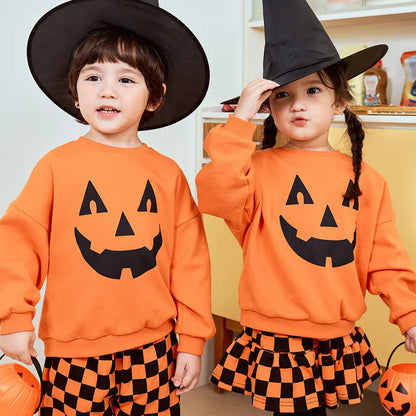 長袖セットアップ ハロウィンかぼちゃチェッカーボーイズ/ガールズセットアップ 2点セット【mh0011182】
