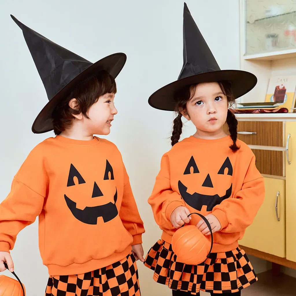 長袖セットアップ ハロウィンかぼちゃチェッカーボーイズ/ガールズセットアップ 2点セット【mh0011182】