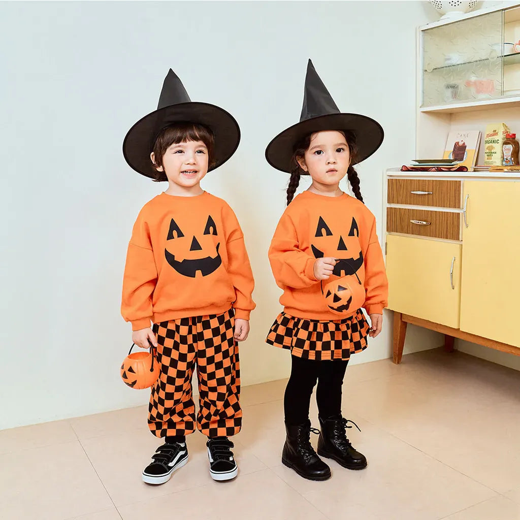 長袖セットアップ ハロウィンかぼちゃチェッカーボーイズ/ガールズセットアップ 2点セット【mh0011182】