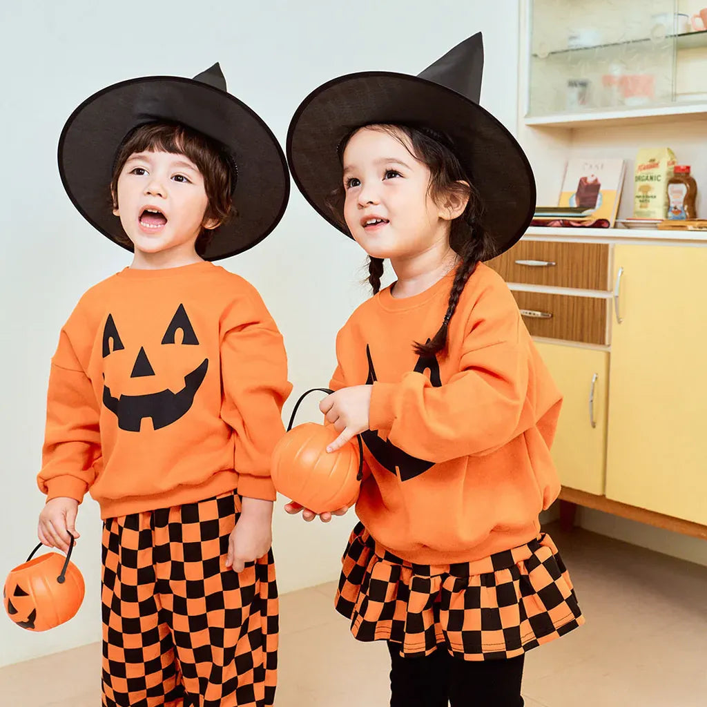 長袖セットアップ ハロウィンかぼちゃチェッカーボーイズ/ガールズセットアップ 2点セット【mh0011182】