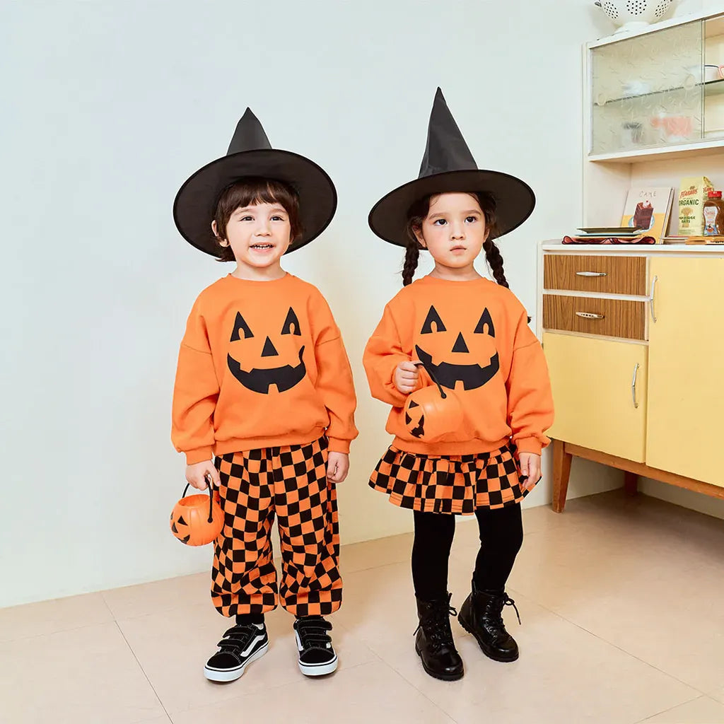 長袖セットアップ ハロウィンかぼちゃチェッカーボーイズ/ガールズセットアップ 2点セット【mh0011182】
