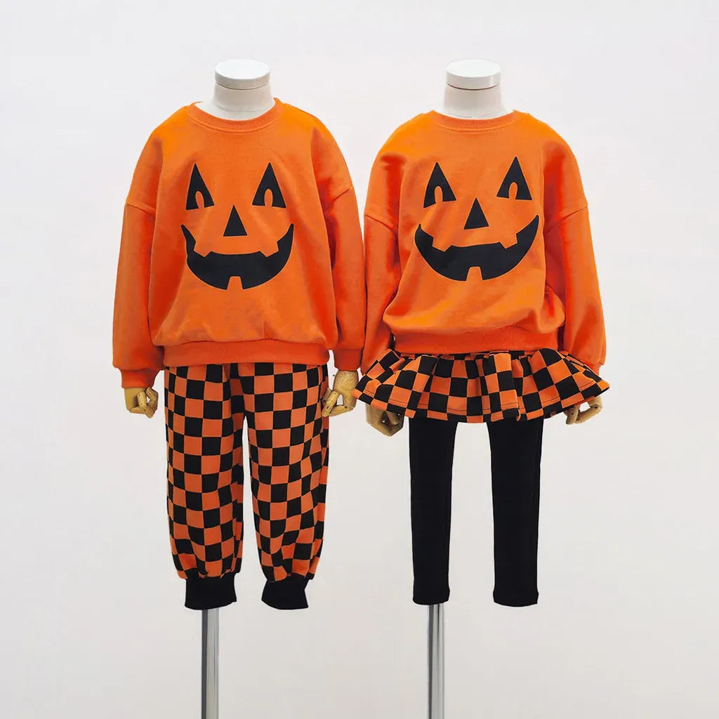 長袖セットアップ ハロウィンかぼちゃチェッカーボーイズ/ガールズセットアップ 2点セット【mh0011182】