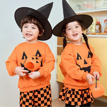 長袖セットアップ ハロウィンかぼちゃチェッカーボーイズ/ガールズセットアップ 2点セット【mh0011182】