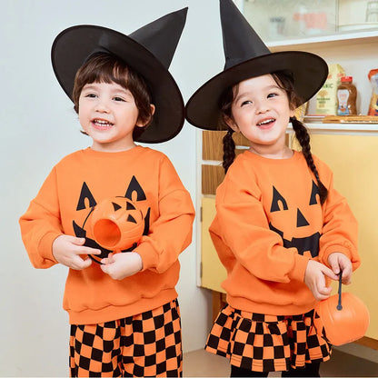 長袖セットアップ ハロウィンかぼちゃチェッカーボーイズ/ガールズセットアップ 2点セット【mh0011182】