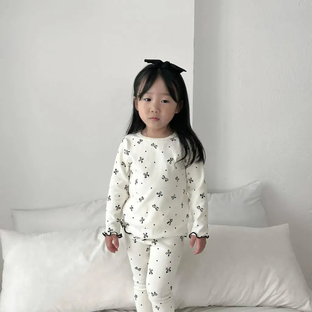 長袖パジャマ リボンプリントメロウフリルセットアップ パジャマ 2点セット【mh0011201】