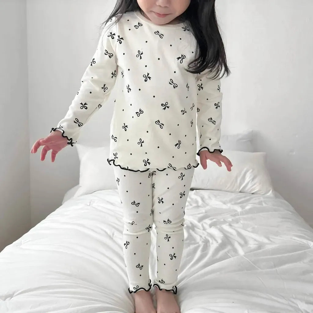 長袖パジャマ リボンプリントメロウフリルセットアップ パジャマ 2点セット【mh0011201】