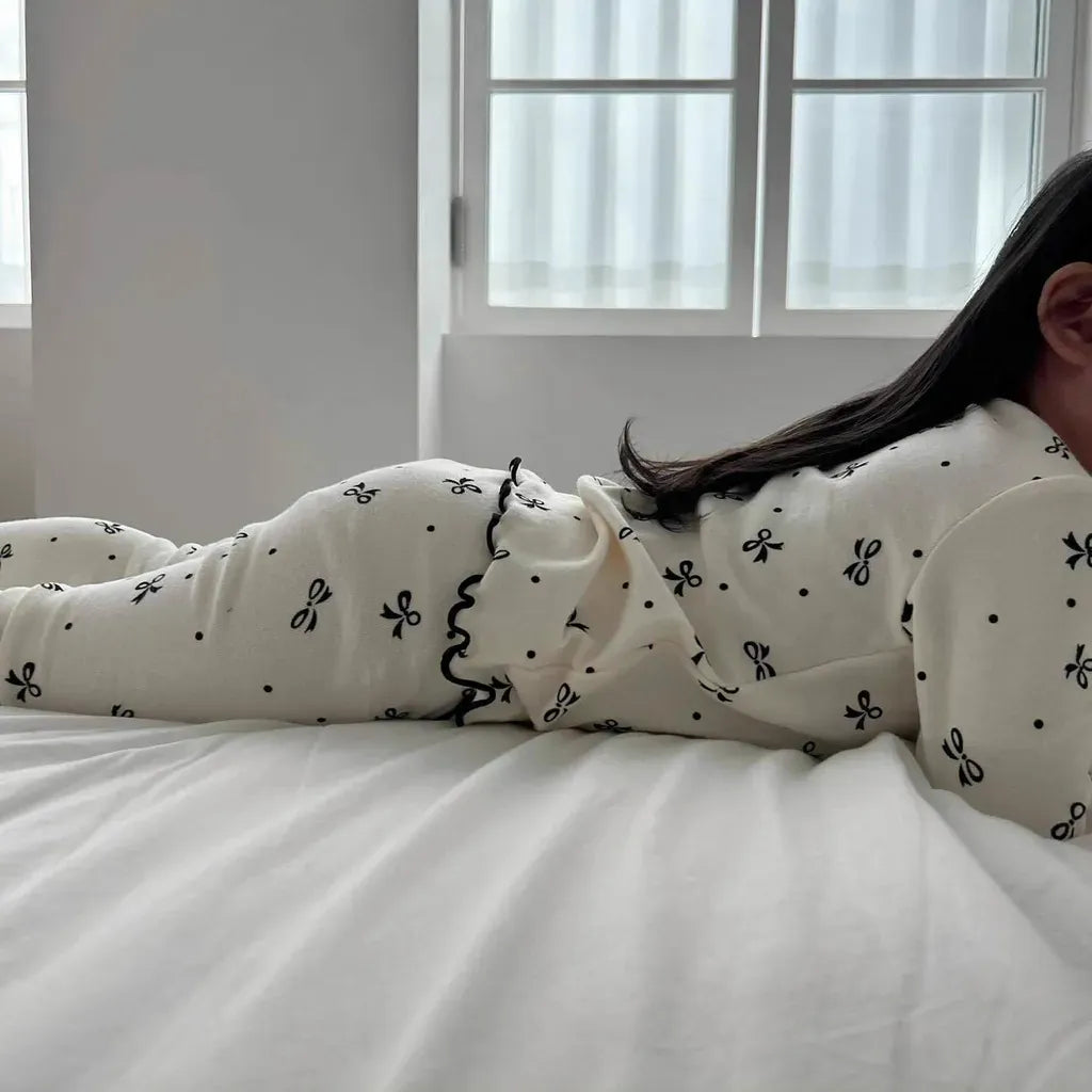 長袖パジャマ リボンプリントメロウフリルセットアップ パジャマ 2点セット【mh0011201】