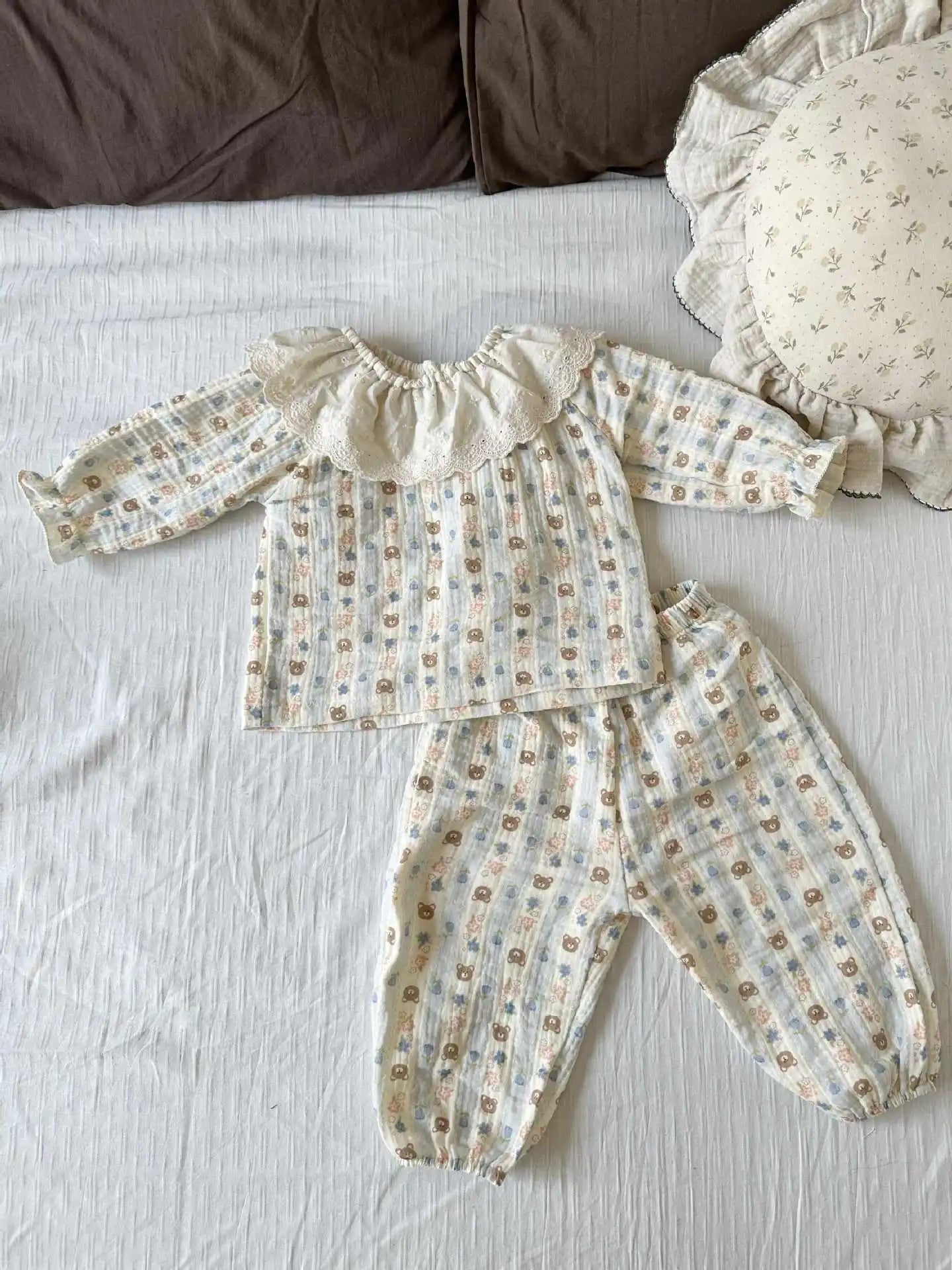 長袖セットアップ ベビーセットアップ ハート/フラワープリントラッフル襟長袖シャツ+ロングパンツ 3カラー【mh0007304】