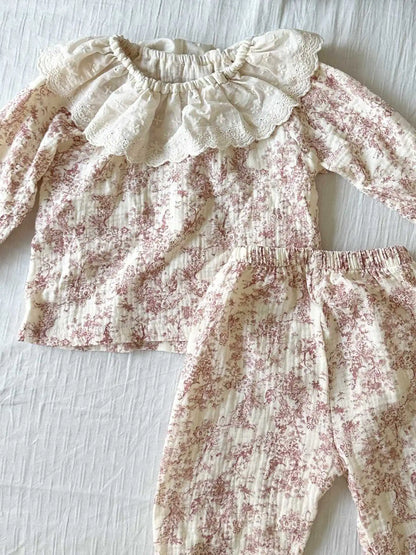 長袖セットアップ ベビーセットアップ ハート/フラワープリントラッフル襟長袖シャツ+ロングパンツ 3カラー【mh0007304】