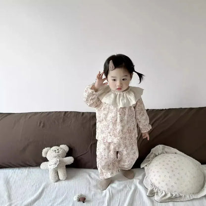 長袖セットアップ ベビーセットアップ ハート/フラワープリントラッフル襟長袖シャツ+ロングパンツ 3カラー【mh0007304】