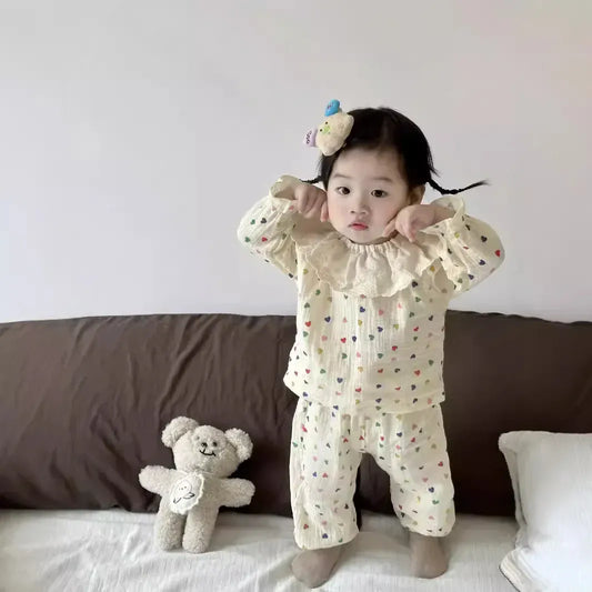 長袖セットアップ ベビーセットアップ ハート/フラワープリントラッフル襟長袖シャツ+ロングパンツ 3カラー【mh0007304】