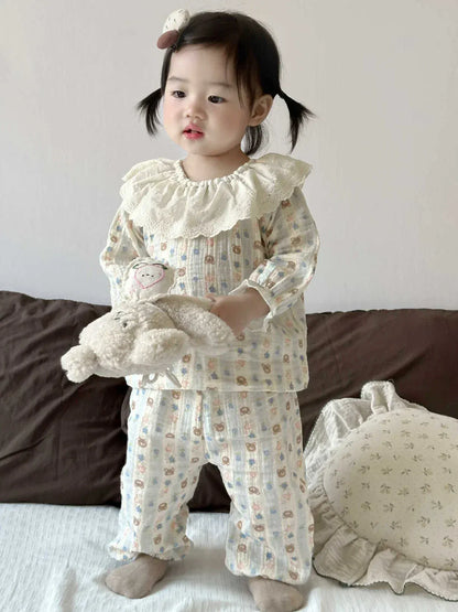 長袖セットアップ bear / 73cm 6-9M ベビーセットアップ ハート/フラワープリントラッフル襟長袖シャツ+ロングパンツ 3カラー【mh0007304】