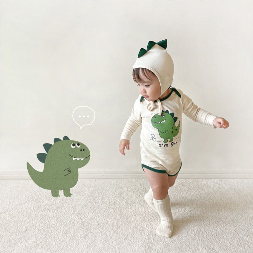 長袖ロンパース Beige / 66cm ベビー 恐竜 ダイナソー 長袖 ロンパース 帽子 セット グリーン ベージュ コスチューム ボーイズ【mh0002457】