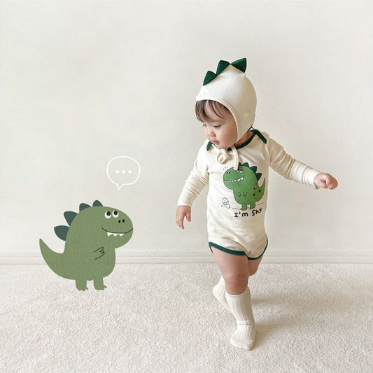 長袖ロンパース Beige / 66cm ベビー 恐竜 ダイナソー 長袖 ロンパース 帽子 セット グリーン ベージュ コスチューム ボーイズ【mh0002457】