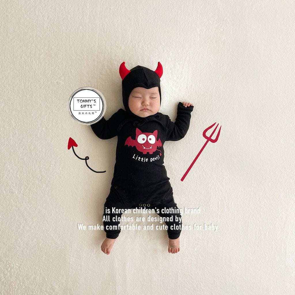 長袖ロンパース Black / 66cm ハロウィンコスチューム デビル長袖ロンパース+帽子セット【mh0010551】