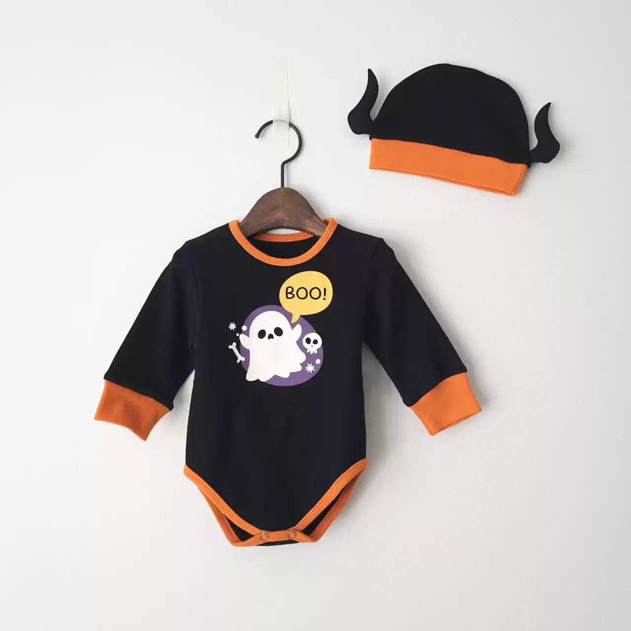 長袖ロンパース Black / 66cm ハロウィンコスチューム🎃👻 おばけ長袖ロンパース+帽子セット【mh0010557】