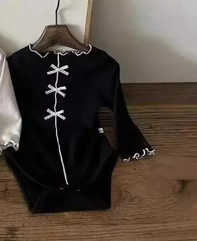 長袖ロンパース black / 6M  66cm ベビーロンパース センタータックリボン長袖ボディスーツ【mh-0008711】