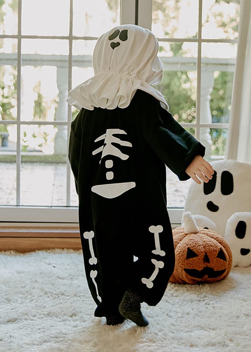 長袖ジャンプスーツ black jumpsuit / 66cm ハロウィンコスチューム スケルトン骸骨ジャンプスーツ/おばけフード帽子【mh0010542】