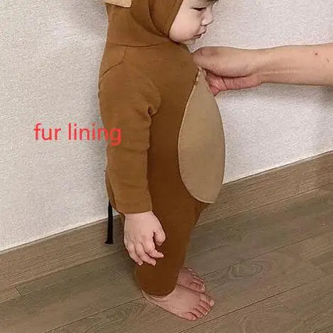 長袖ロンパース brown fur lining / 66cm ベビー ねずみ 耳付きフード ロンパース ハロウィーン コスチューム【mh0000102】