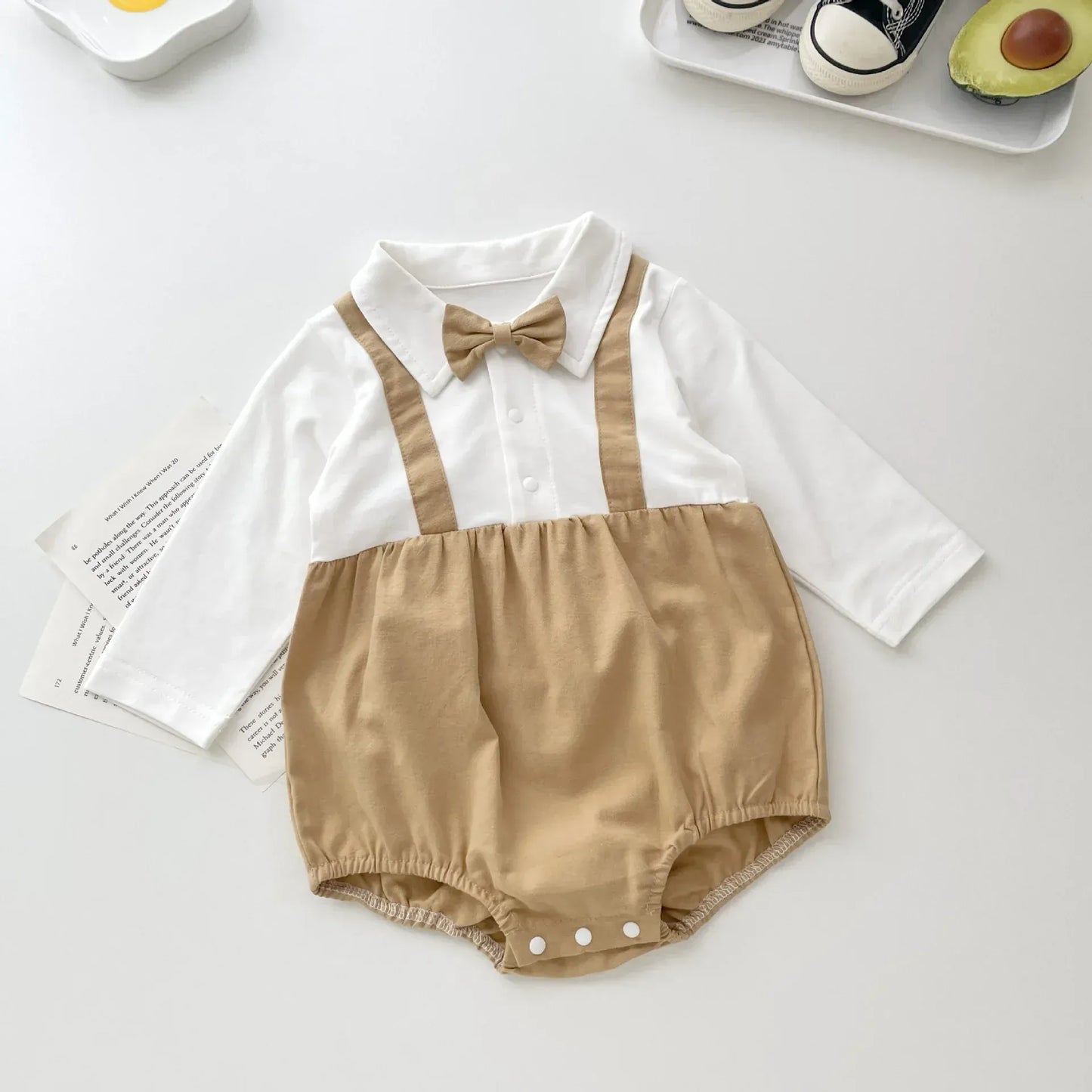 長袖ロンパース Coffee / 66cm 0-6m ベビーロンパース 蝶ネクタイサスペンダードッキング長袖ボディスーツ 2カラー【mh0007300】