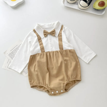 長袖ロンパース Coffee / 66cm 0-6m ベビーロンパース 蝶ネクタイサスペンダードッキング長袖ボディスーツ 2カラー【mh0007300】