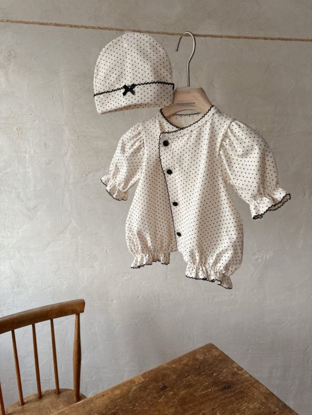 長袖ロンパース Dot / 66cm ドットフリル長袖ロンパース+帽子セット【mh0011202】