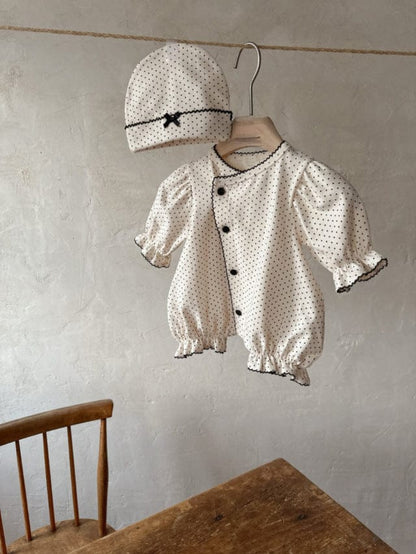 長袖ロンパース Dot / 66cm ドットフリル長袖ロンパース+帽子セット【mh0011202】